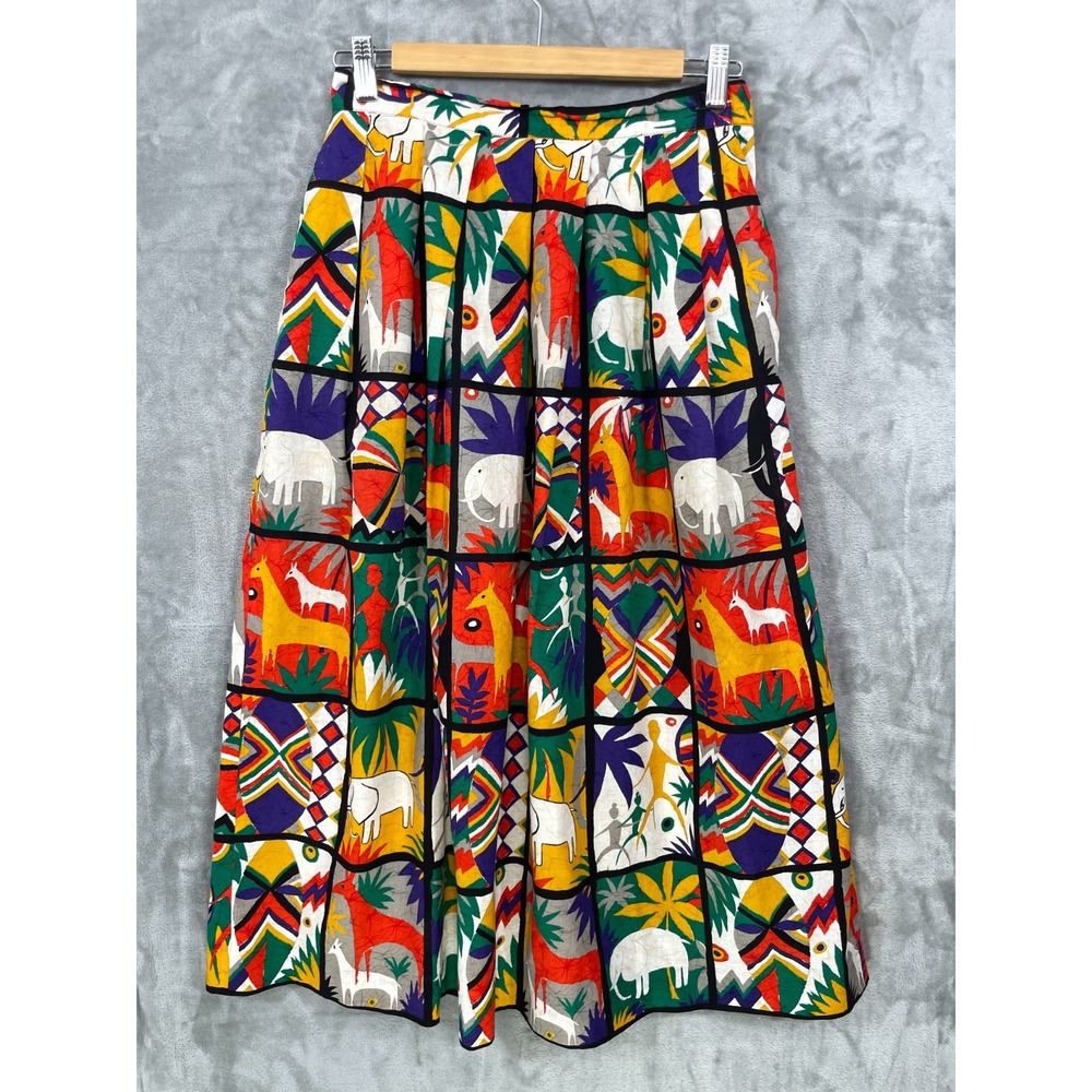 Vtg 1980s Prophecy Midi Skirt SMALL Colorful Safari Art Teacher Pleated Cotton